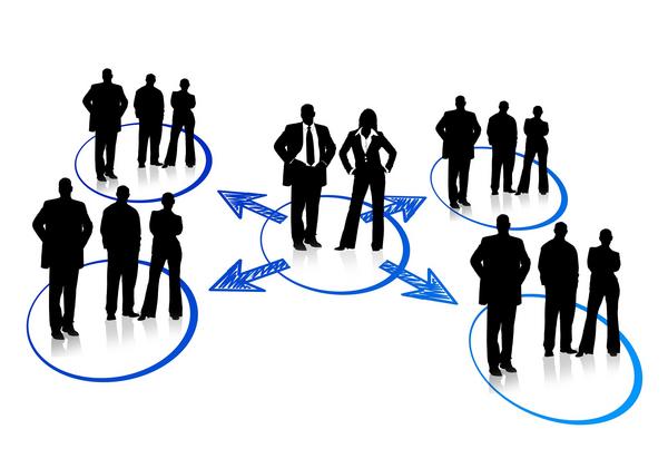 small groups of figures connected with arrows