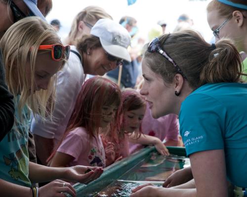 Volunteer at a touch tank with students