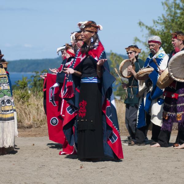 K’omoks and Qualicum First Nation elders and dancers blessing the ground in Deep Bay, August 30, 2011