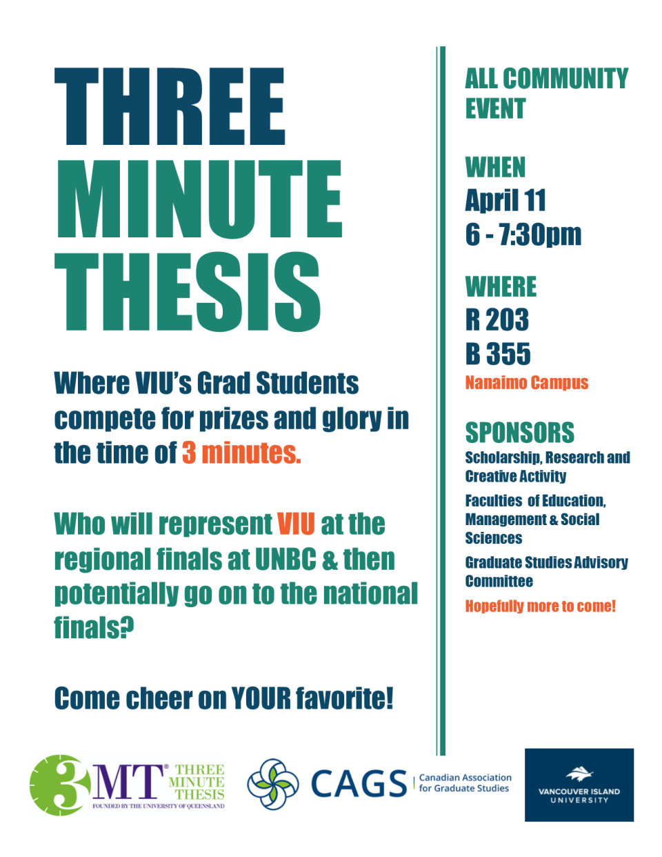 Info poster on VIU's Three Minute Thesis competition